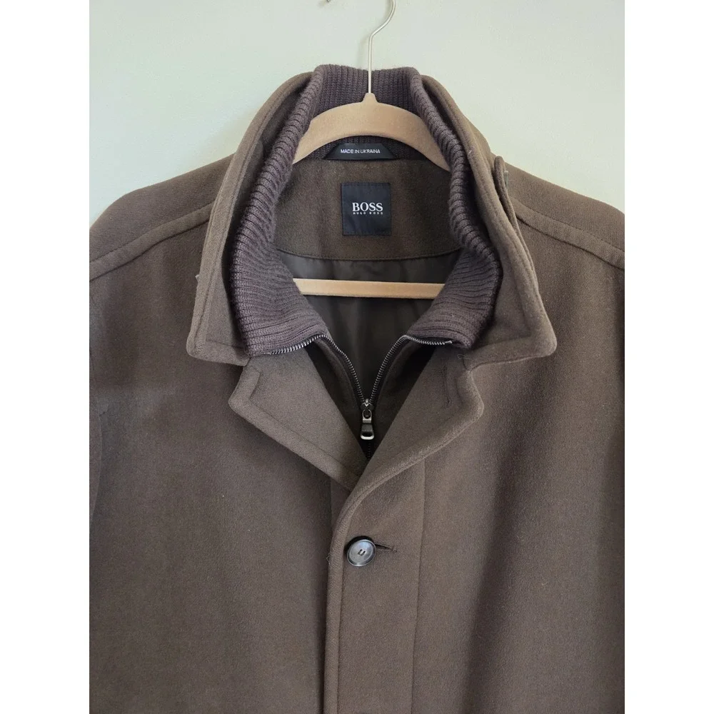 Hugo Boss Brown Wool Cashmere Blend Peacoat Overcoat Jacket Men's 42R Inner Zip
